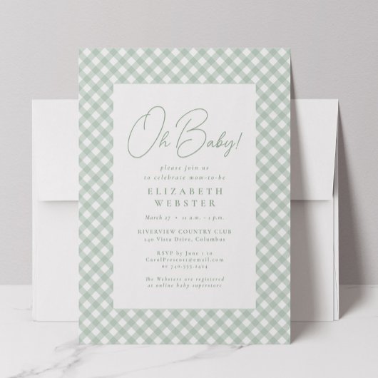 Gingham schattige neutrale groene babyshower kaart