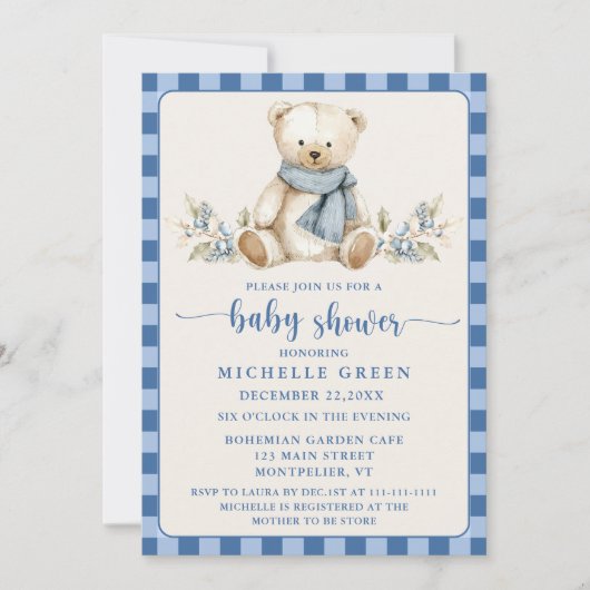 Gingham Schattige Teddy Bear Beige Baby shower Kaart (Voorkant)