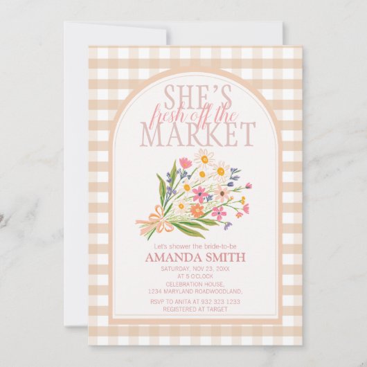 Gingham She’s Fresh Off the Market Bridal Shower Kaart (Voorkant)