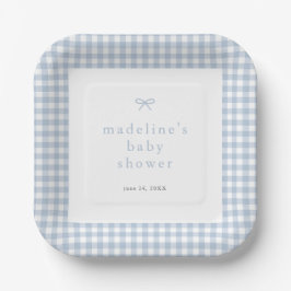 Gingham Simple Bow Dusty Blue Boys Baby shower Papieren Bordje