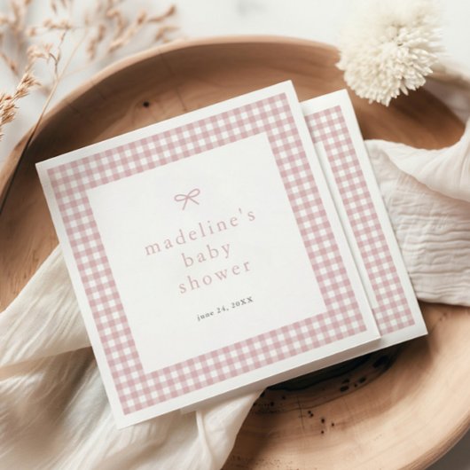 Gingham Simple Bow Dusty Pink Girls Baby shower Servet