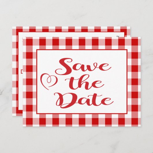 Gingham Sla de datum op Wedding Rood Wit Cheques Aankondigingskaart (Voorkant / Achterkant)