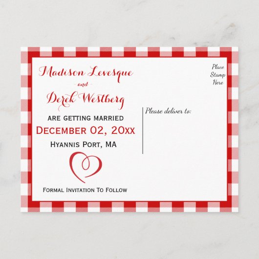 Gingham Sla de datum op Wedding Rood Wit Cheques Aankondigingskaart (Achterkant)
