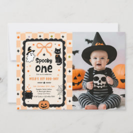 Gingham Spooky One Halloween Verjaardagsfeest Foto Kaart