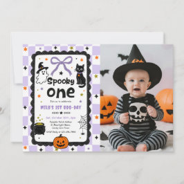 Gingham Spooky One Halloween Verjaardagsfeest Foto Kaart