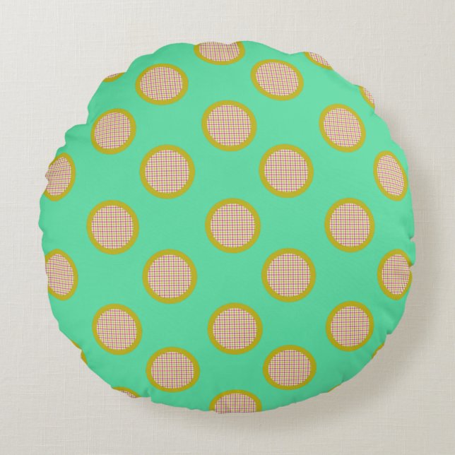 Gingham Stippen, Green Round Pillow Rond Kussen (Voorkant)