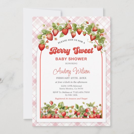 Gingham Strawberry Baby shower Invitation Kaart (Voorkant)