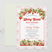 Gingham Strawberry Baby shower Invitation Kaart (Voorkant / Achterkant)