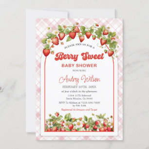 Gingham Strawberry Baby shower Invitation Kaart