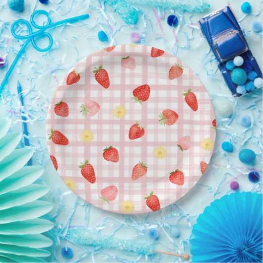 Gingham Strawberry Party Paper Borden Papieren Bordje (Feest)