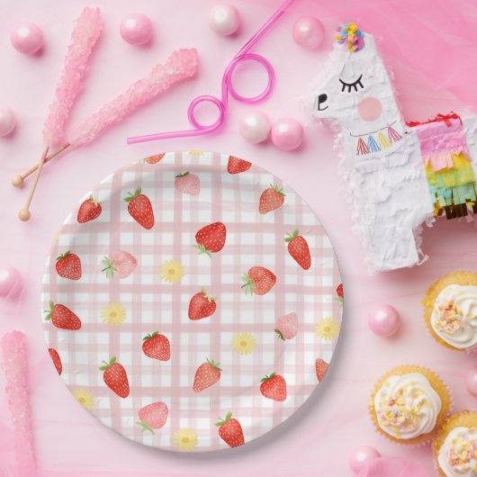 Gingham Strawberry Party Paper Borden Papieren Bordje (Feest)