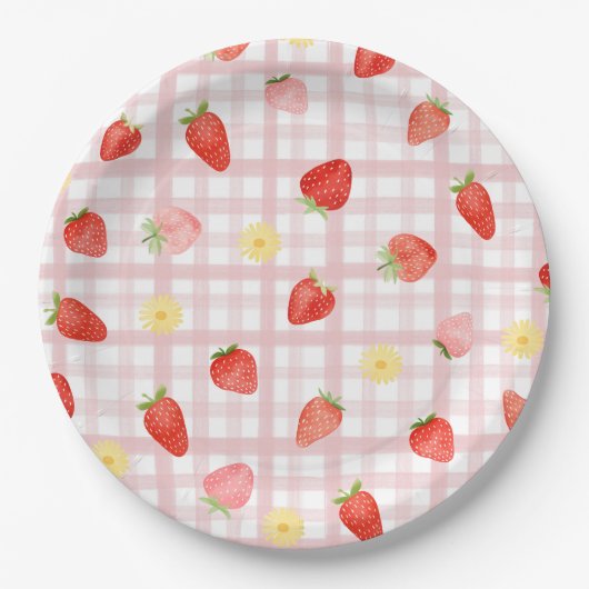 Gingham Strawberry Party Paper Borden Papieren Bordje (Voorkant)