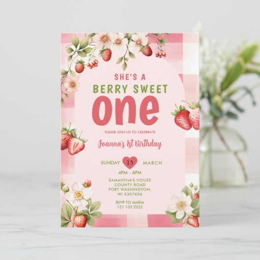 Gingham Strawberry Sweet One Berry 1e verjaardag Kaart (Staand voorkant)