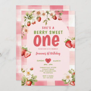 Gingham Strawberry Sweet One Berry 1e verjaardag Kaart
