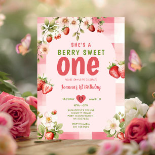 Gingham Strawberry Sweet One Berry 1e Verjaardag Kaart