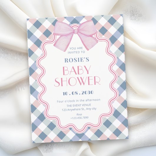 Gingham strik baby shower kaart