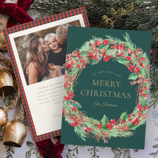 Gingham Strik Kerstdag Krans Foto Kaart