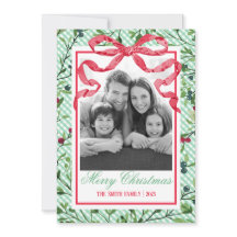 Gingham Strik Kerstkaart met Bloemen