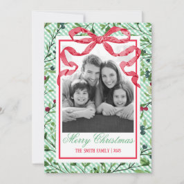 Gingham Strik Kerstkaart met Bloemen Kaart