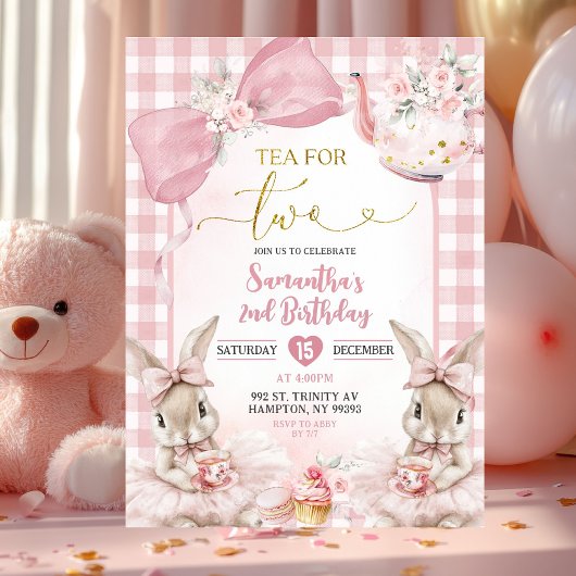 Gingham Strik Roze Konijn Thee Feestje Tweede Verj Kaart