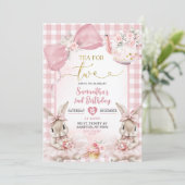 Gingham Strik Roze Konijn Thee Feestje Tweede Verj Kaart (Staand voorkant)