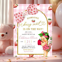 Gingham Strikje Aardbei Spaanse Baby Baby Shower Kaart