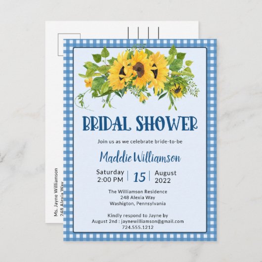 Gingham Sunflower Rustic Bridal Shower Invitation Uitnodiging Briefkaart (Voorkant / Achterkant)
