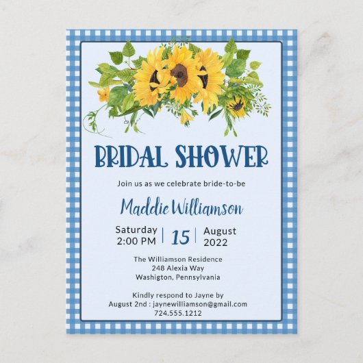 Gingham Sunflower Rustic Bridal Shower Invitation Uitnodiging Briefkaart (Voorkant)