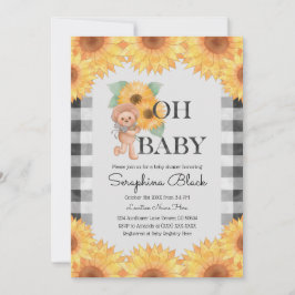 Gingham Sunflower Teddy Bear Baby shower Kaart