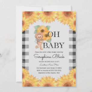 Gingham Sunflower Teddy Bear Baby shower Kaart