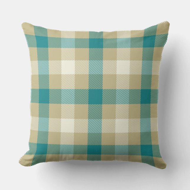 Gingham tartan plaid blue en beige country style kussen (Voorkant)