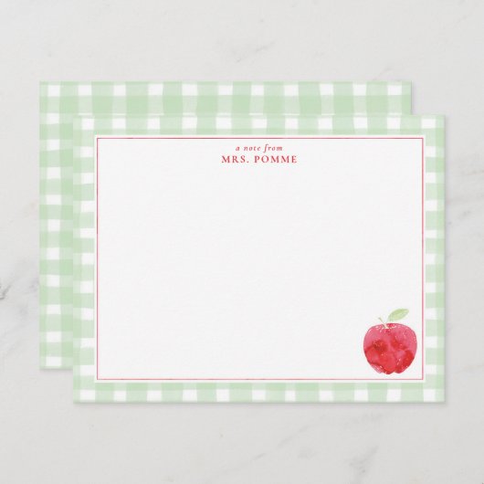 Gingham Teacher Apple Gift Notitiekaartje (Voorkant / Achterkant)