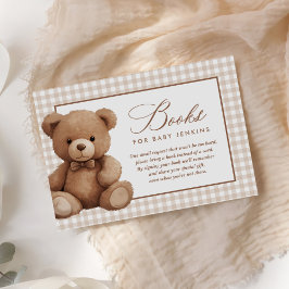 Gingham Teddy Bear Baby shower Boek Aanvraag Informatiekaartje