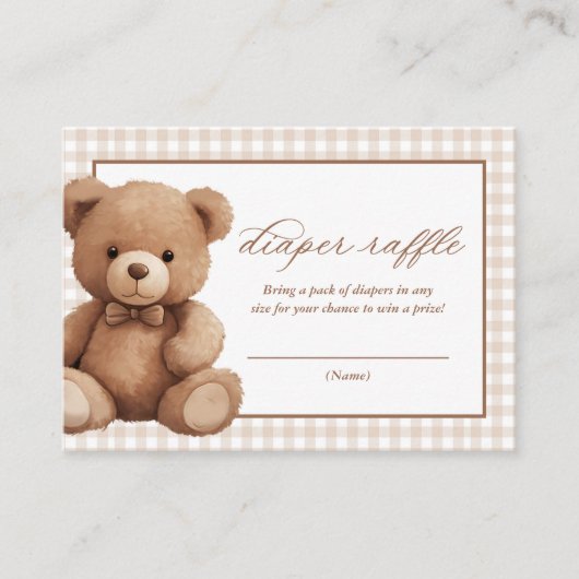 Gingham Teddy Bear Baby shower Luier Raffle Informatiekaartje (Voorkant)