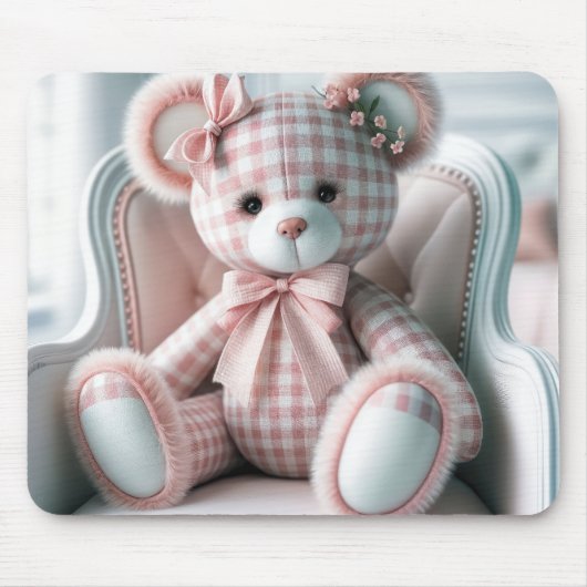 Gingham Teddy Bear op een stoel Muismat (Voorkant)
