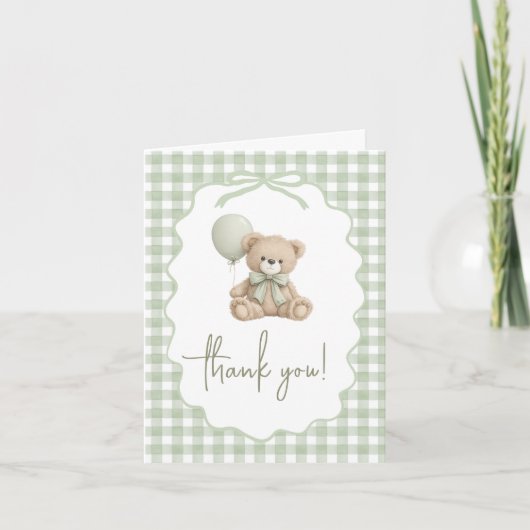 Gingham Teddybeer Baby Shower Dank Je Kaart (Voorkant)