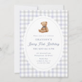 Gingham Teddybeer Berijmd Eerste Verjaardagsuitnod Aankondiging (Voorkant)