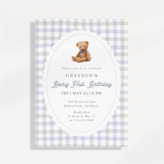 Gingham Teddybeer Berijmd Eerste Verjaardagsuitnod Aankondiging