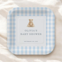 Gingham teddybeer blauwe jongens baby shower-feest