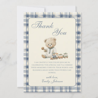 Gingham teddybeer jongen babyshower bedankkaart