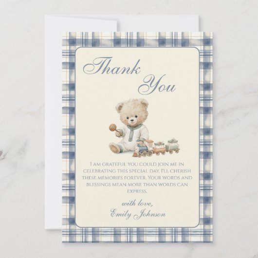 Gingham teddybeer jongen babyshower bedankkaart (Voorkant)