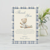 Gingham teddybeer jongen babyshower bedankkaart (Staand voorkant)