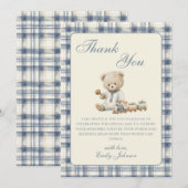 Gingham teddybeer jongen babyshower bedankkaart (Voorkant / Achterkant)