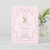 Gingham Teddybeer Meisje Baby Shower Kaart (Staand voorkant)