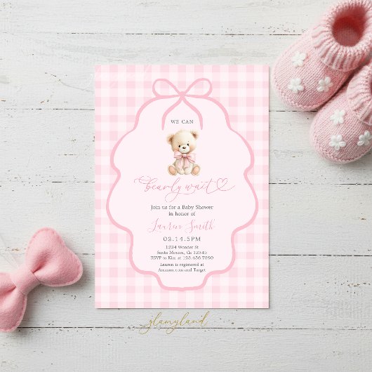 Gingham Teddybeer Meisje Baby Shower Kaart
