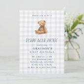 Gingham Teddybeer Picknick Eerste Verjaardag  Kaart (Staand voorkant)