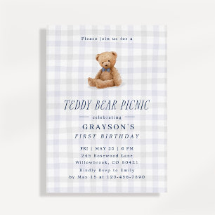 Gingham Teddybeer Picknick Eerste Verjaardag  Kaart