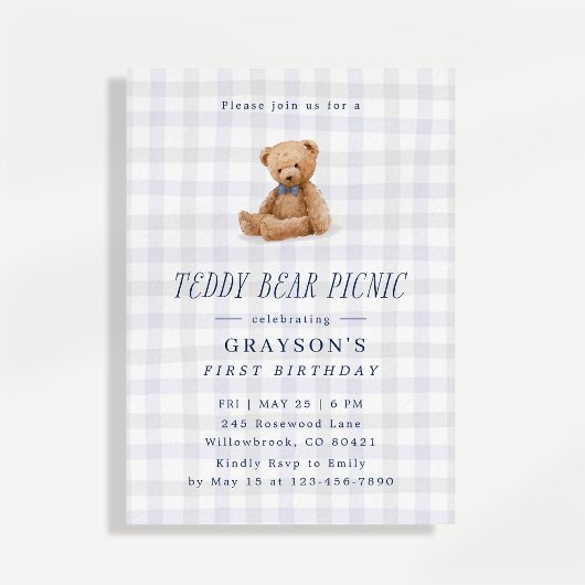 Gingham Teddybeer Picknick Eerste Verjaardag  Kaart