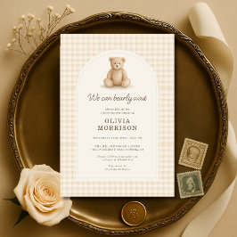 Gingham Teddybeer We Can Bearly Wait Kaart