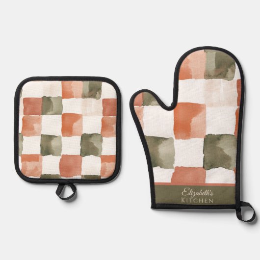 Gingham Terra Cotta and Green Ovenwant & Pannenlap Set (Voorkant)